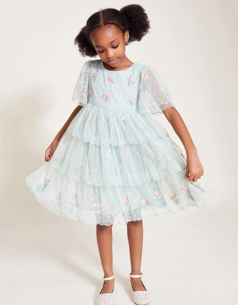 Girls Floral Embroidered Tiered Tulle Dress - Green