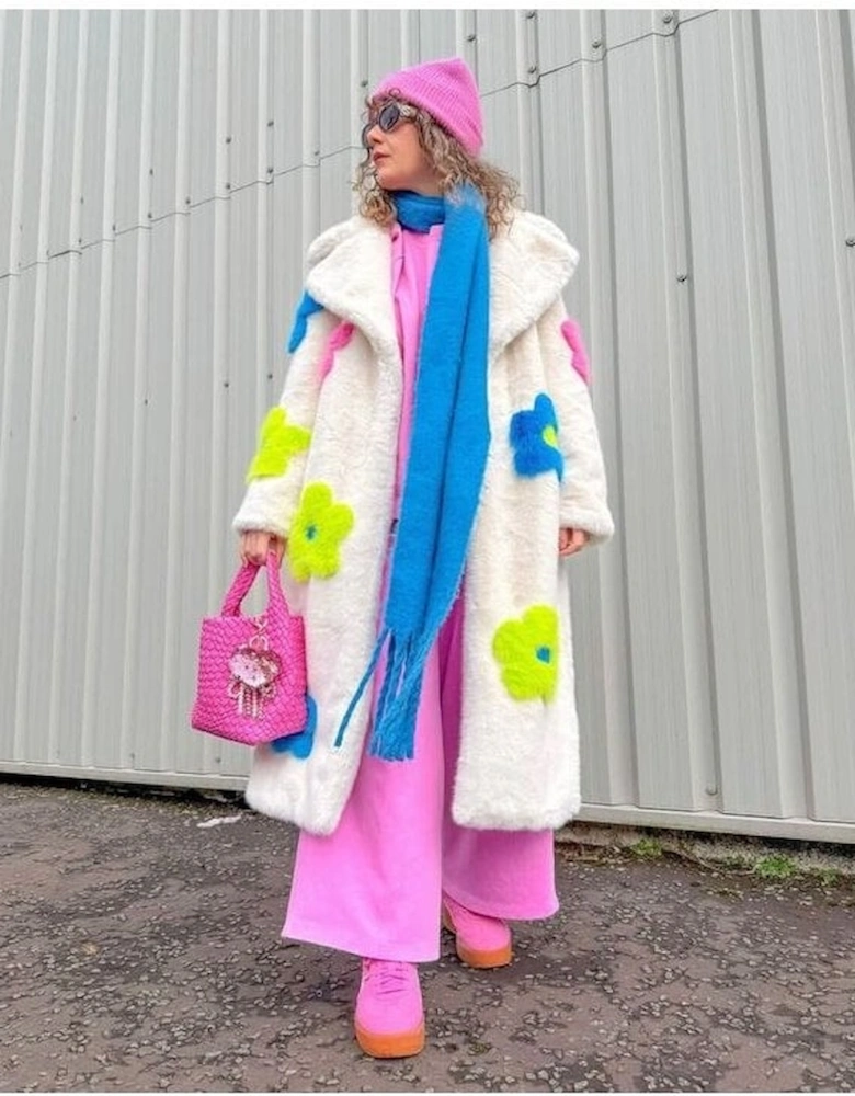 Eco Bamboo Faux Fur Coat with Bright Flower Detailing