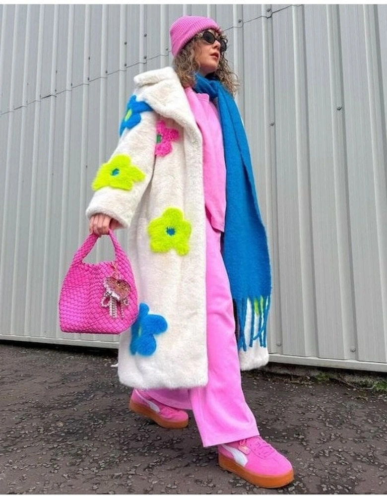 Eco Bamboo Faux Fur Coat with Bright Flower Detailing