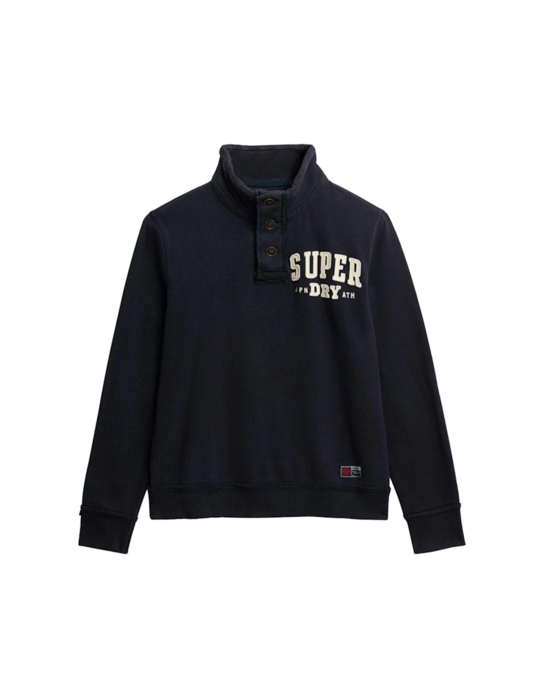 Vintage Athletic Logo Henley Crew Sweat Top - Navy