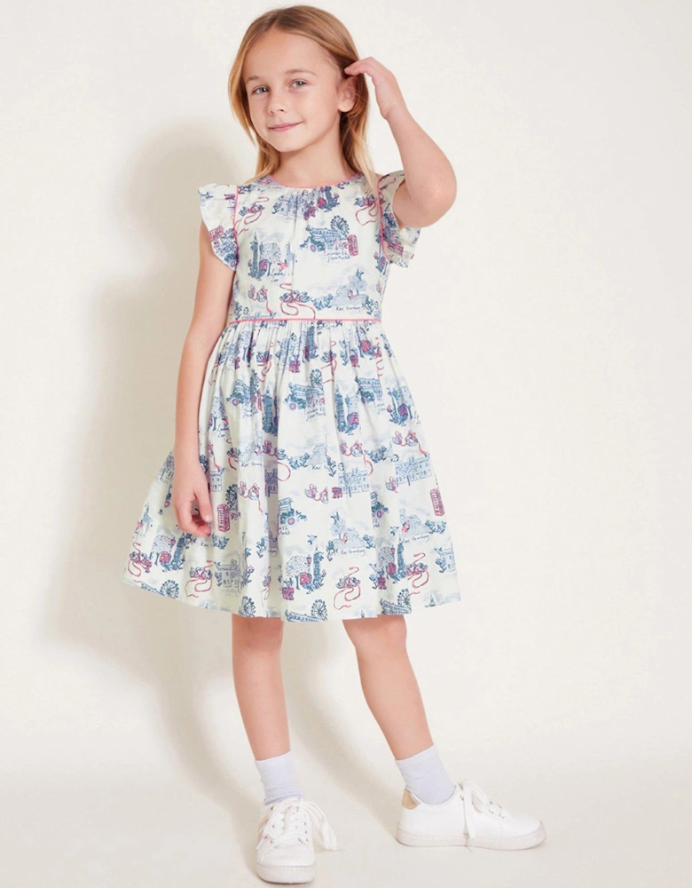 Girls London Print Frilly Cotton Dress - White