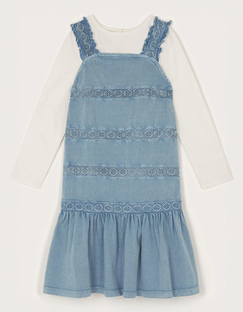 Girls Long Sleeve Top and Embroidered Pinafore Dress Set - Blue