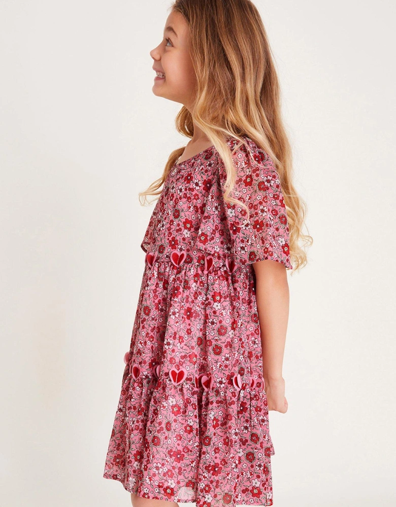 Girls 3d Hearts Floral Short Sleeve Dress - Red