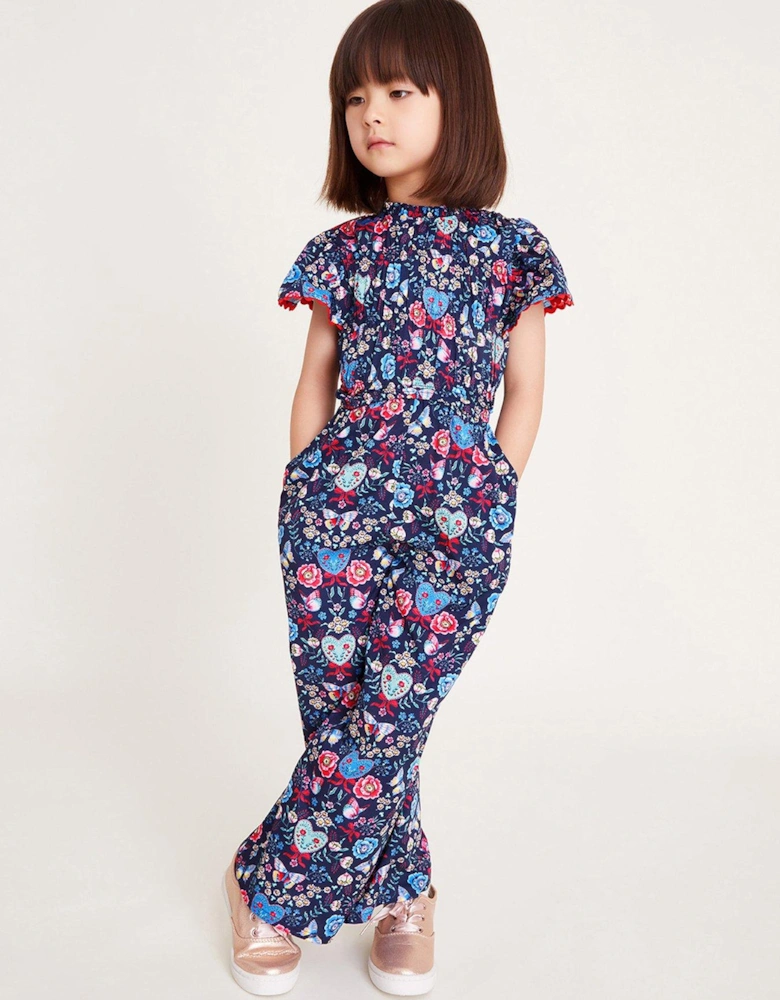 Girls Floral Butterfly Short Sleeve Jumpsuit - Navy