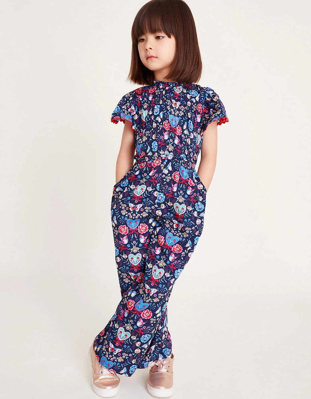 Girls Floral Butterfly Short Sleeve Jumpsuit - Navy