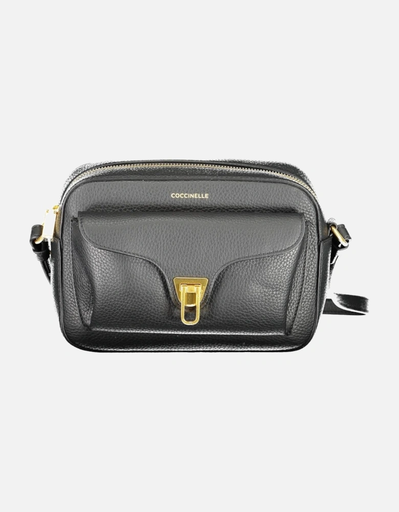 Black Leather Shoulder Bag with Adjustable Strap and External Pocket