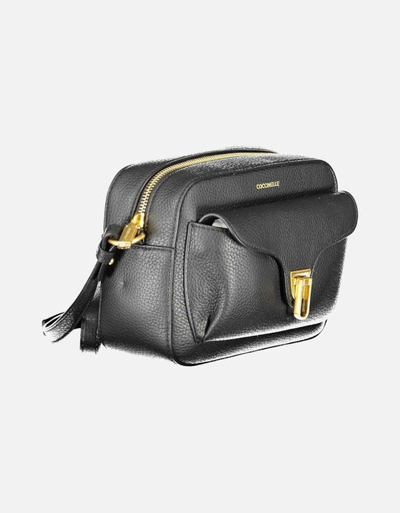 Black Leather Shoulder Bag with Adjustable Strap and External Pocket