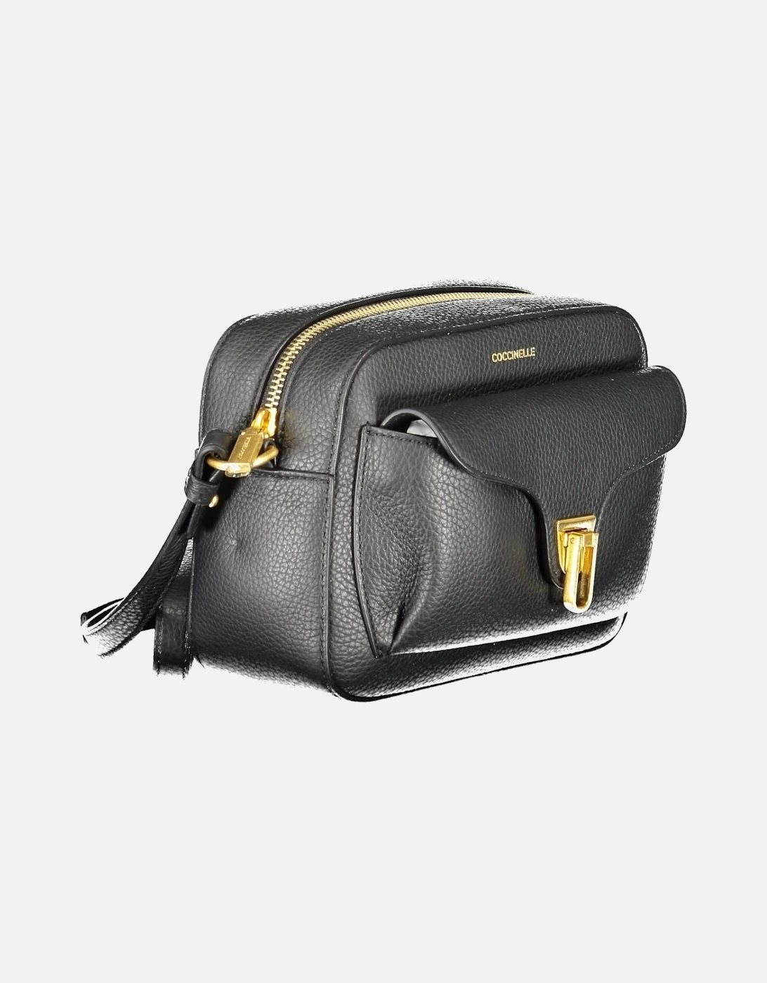 Black Leather Shoulder Bag with Adjustable Strap and External Pocket