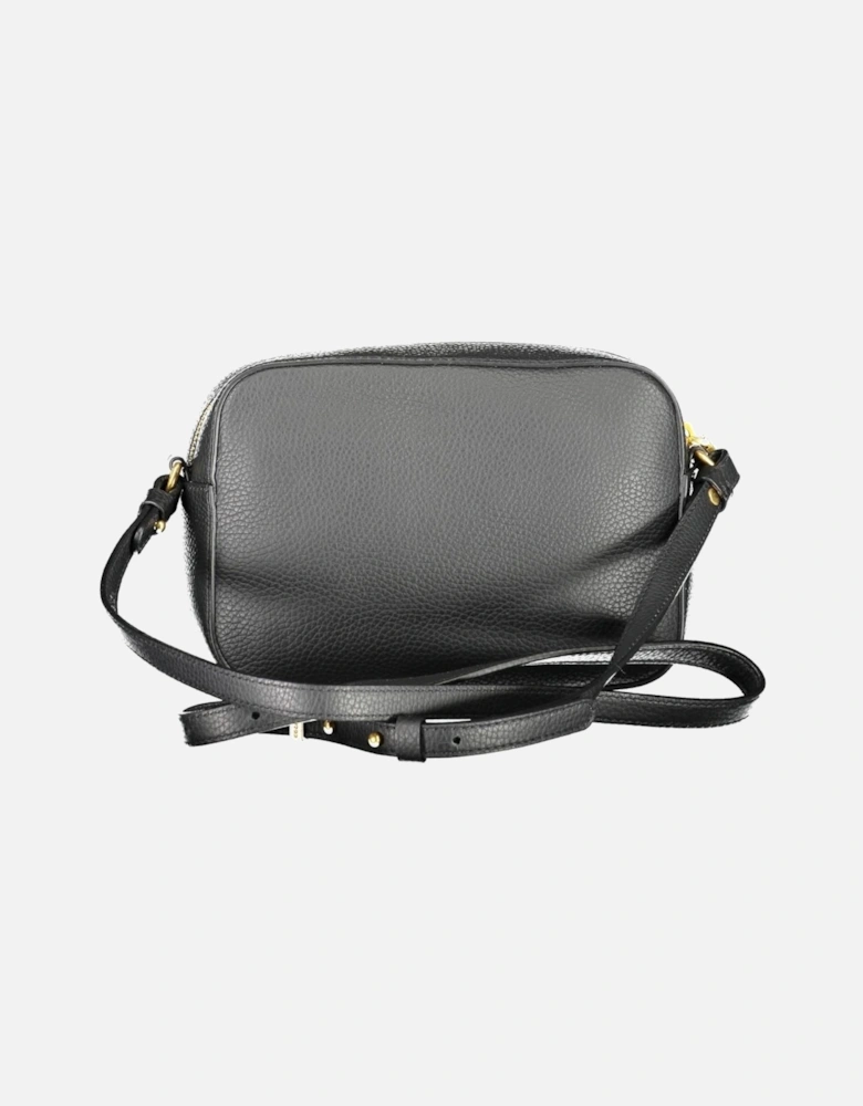 Black Leather Shoulder Bag with Adjustable Strap and External Pocket