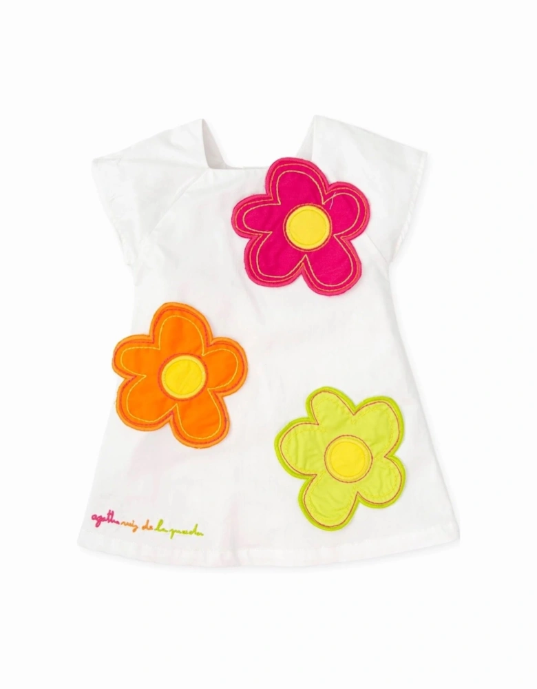 Girls White 3D Multi Flower Dress