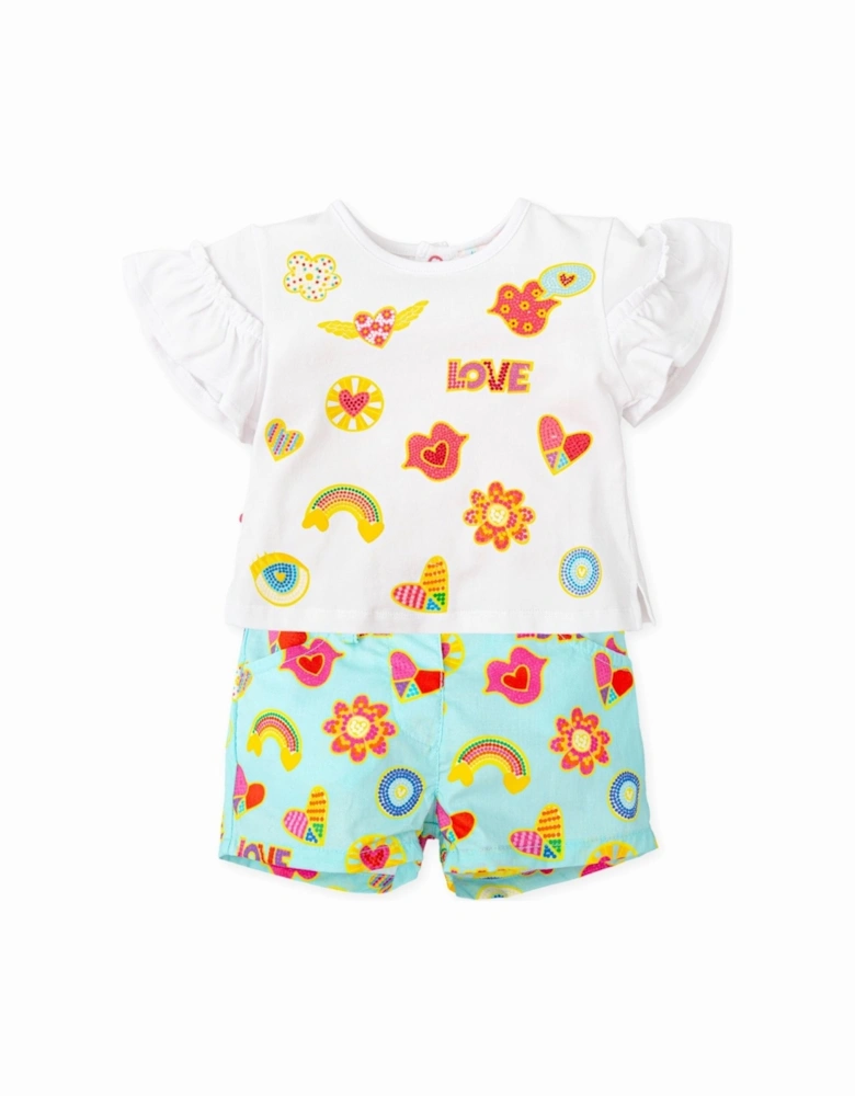 Girls Blue Multi Badge Print Short Set