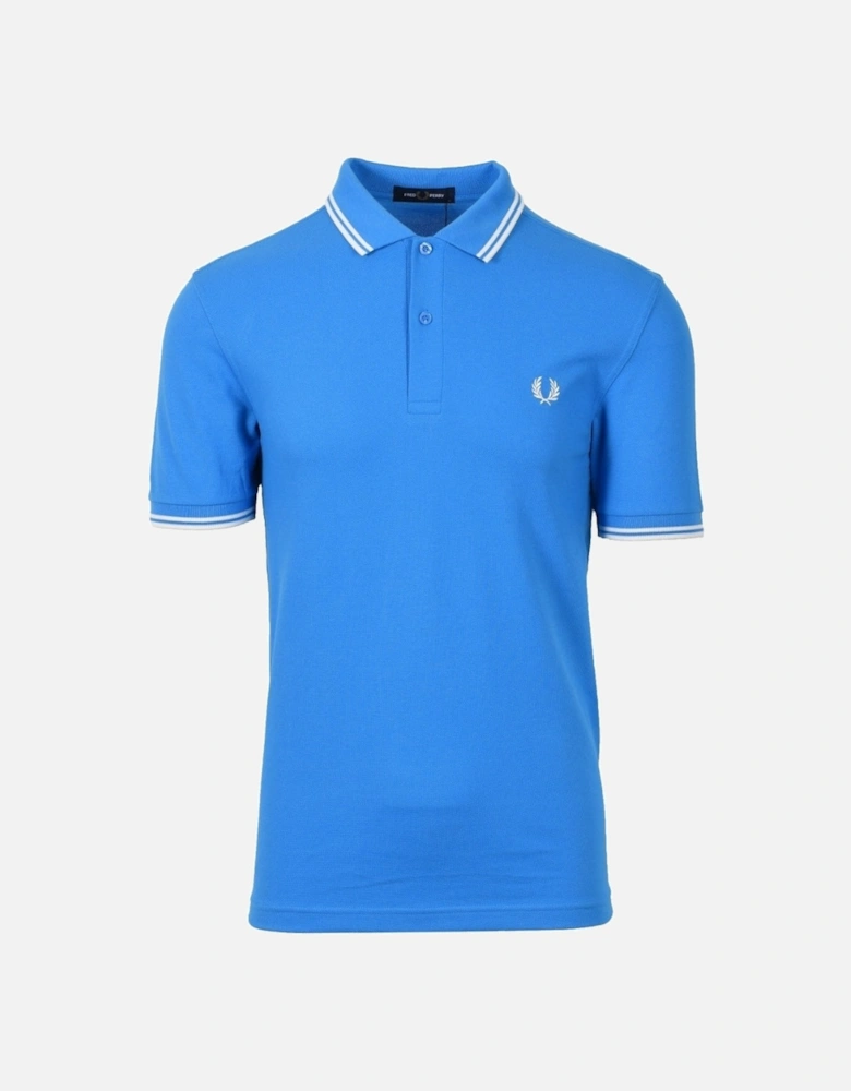 White Twin Tipped Collar Kingfisher Blue Polo Shirt