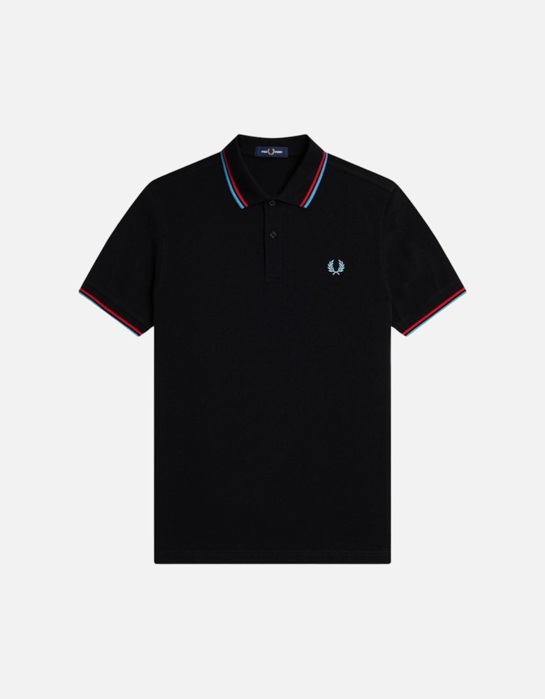 Red and Blue Twin Tipped Collar Black Polo Shirt