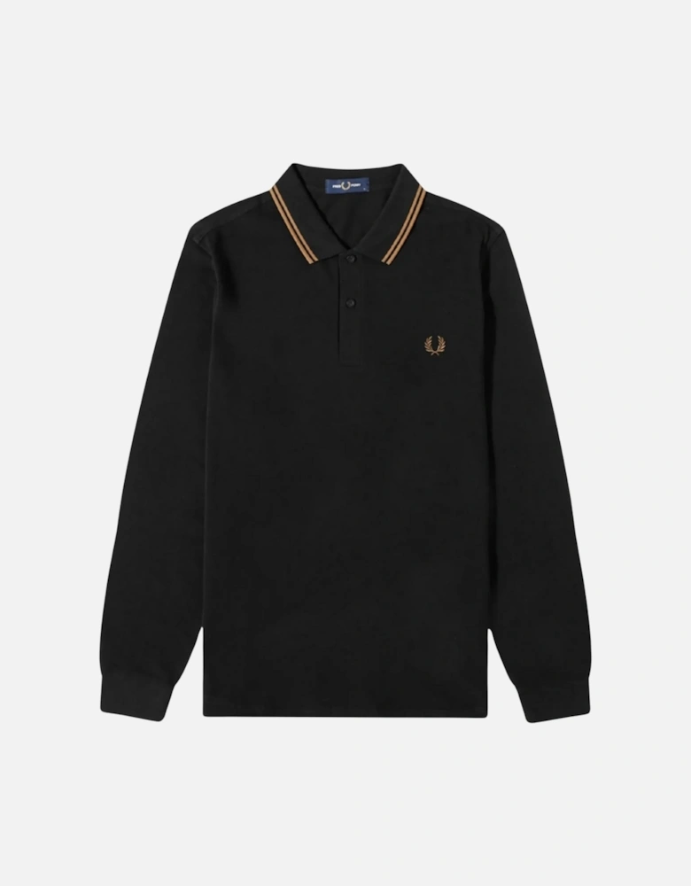 Shaded Stone Twin Tipped Collar Black Long Sleeve Polo Shirt