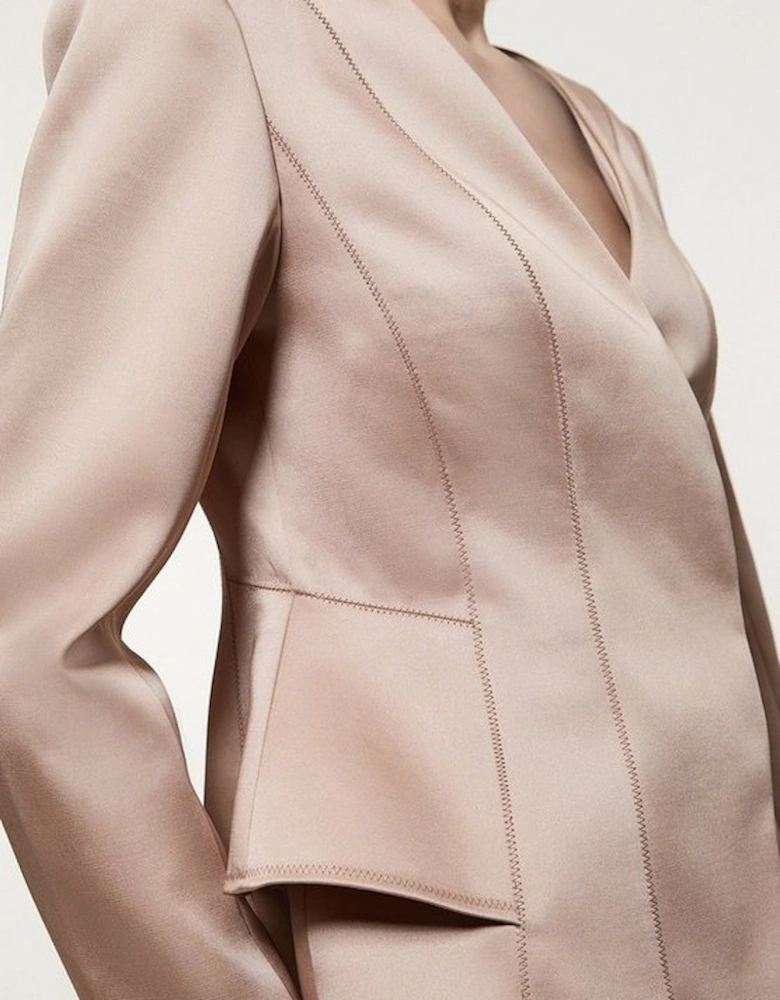 Structured Viscose Satin Stitch Detail Tailored Peplum Blazer