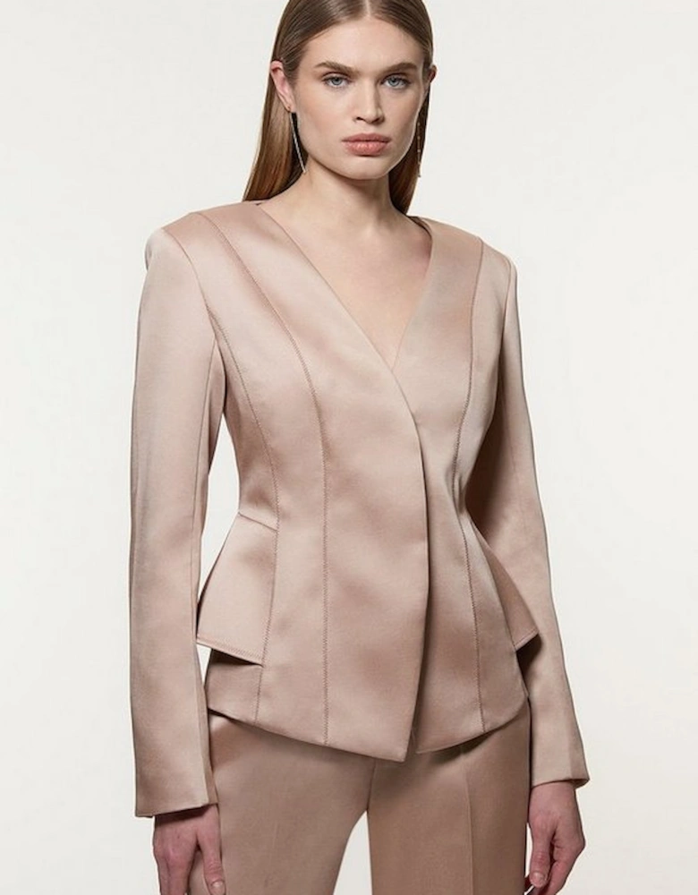 Structured Viscose Satin Stitch Detail Tailored Peplum Blazer