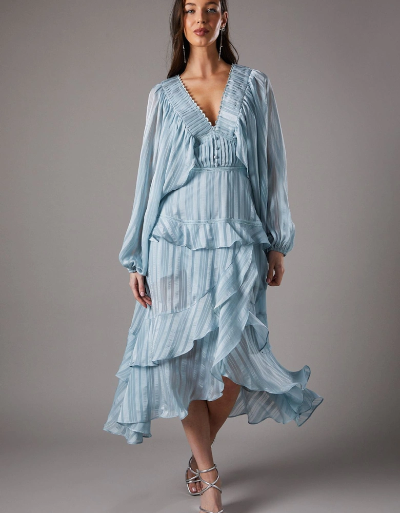 Frill Midi Dress With Blouson Sleeve