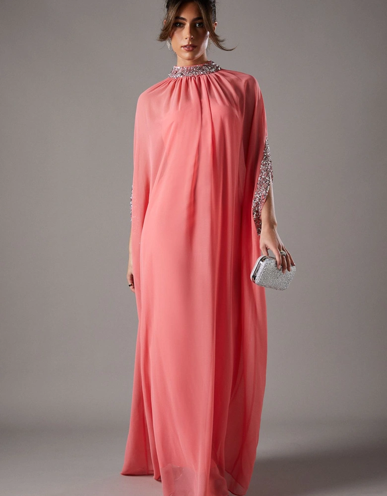 Chiffon Cape Style Sequin Maxi Dress