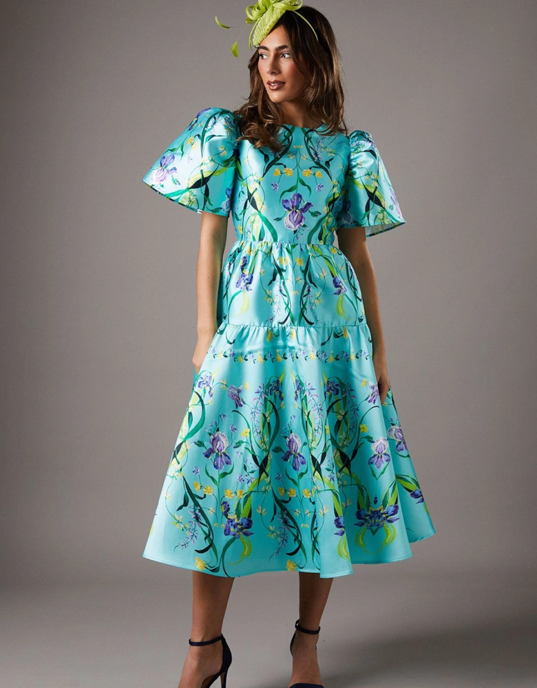 Twill Puff Sleeve Printed Midi Dress