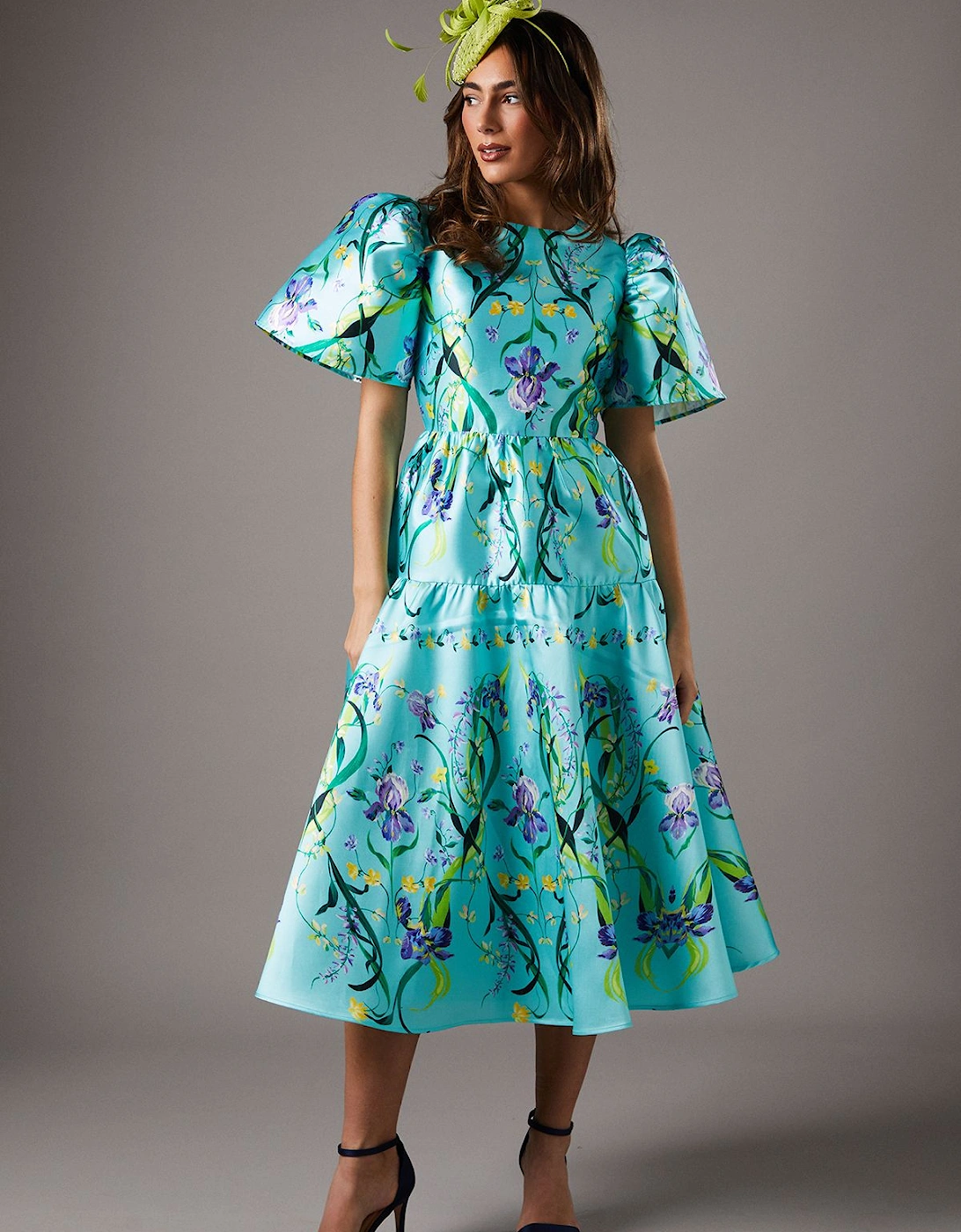 Twill Puff Sleeve Printed Midi Dress, 5 of 4