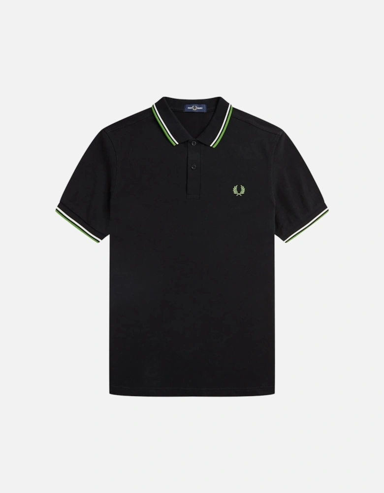 Green and White Twin Tipped Collar Black Polo Shirt