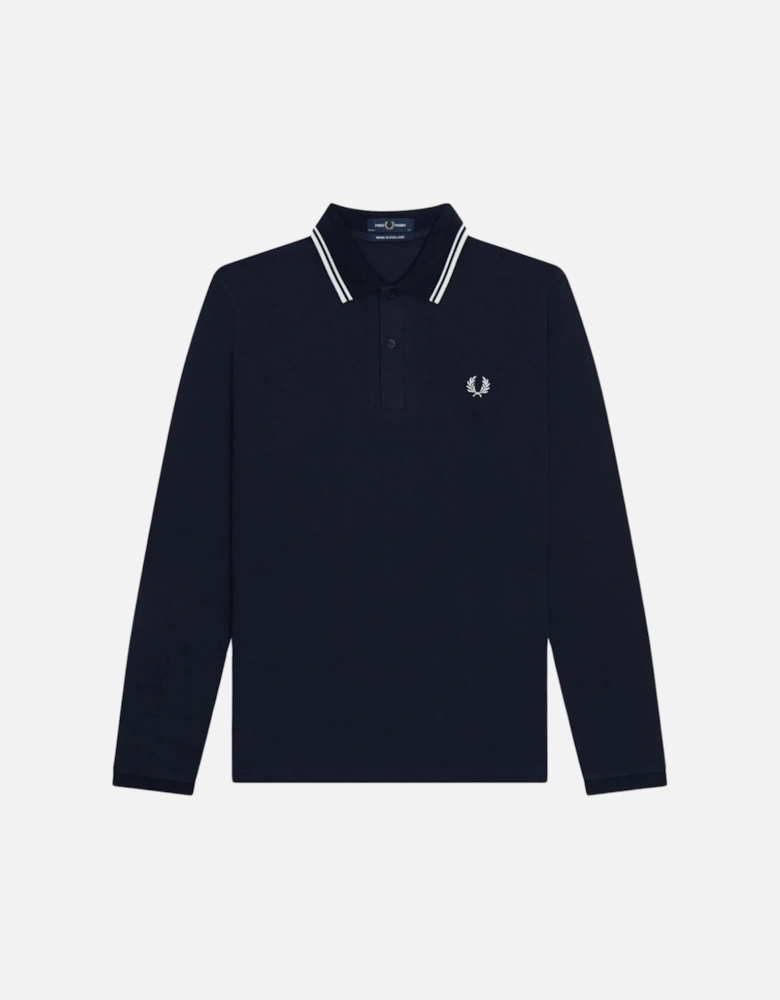 White Twin Tipped Collar Navy Blue Long Sleeve Polo Shirt