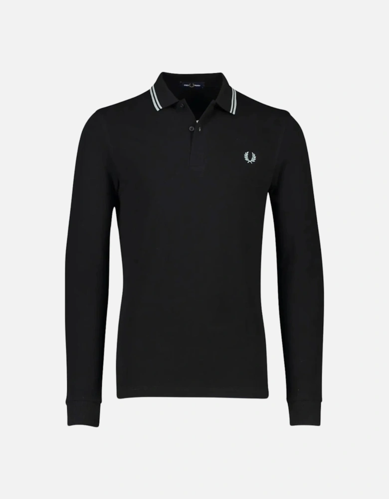 Silver Blue Twin Tipped Collar Black Long Sleeve Polo Shirt