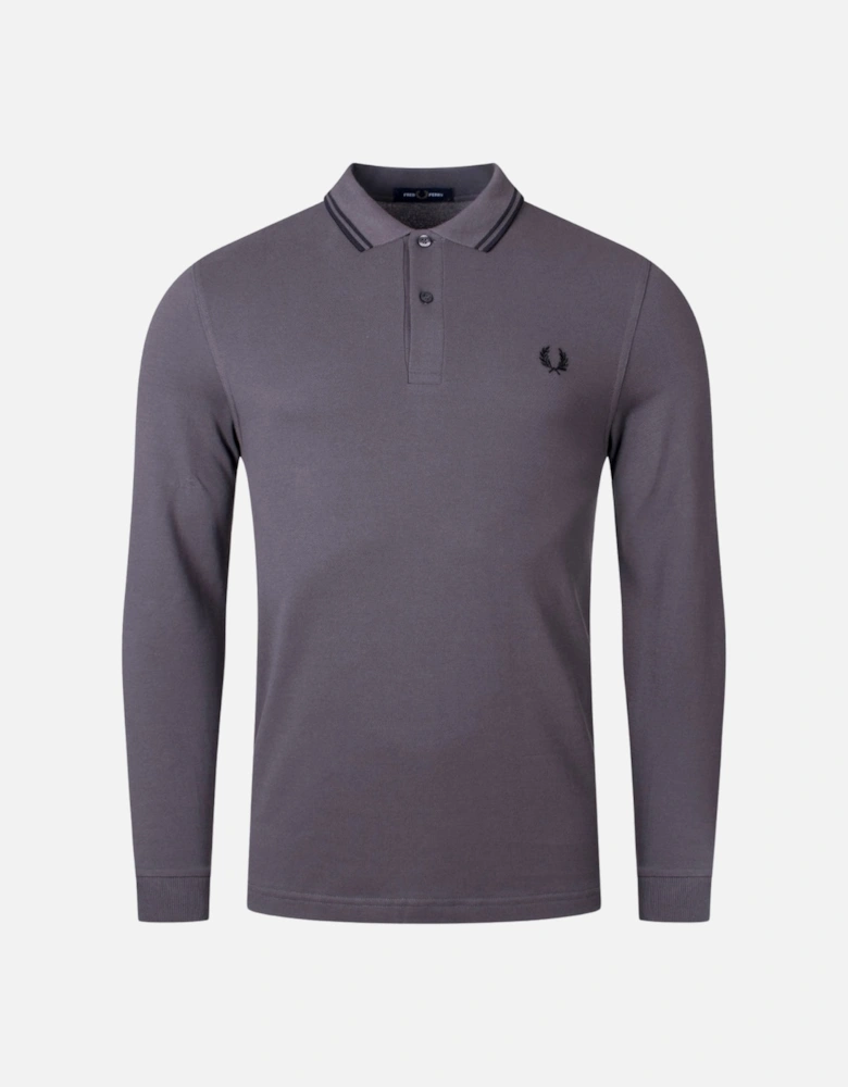 Black Twin Tipped Collar Gunmetal Grey Long Sleeve Polo Shirt