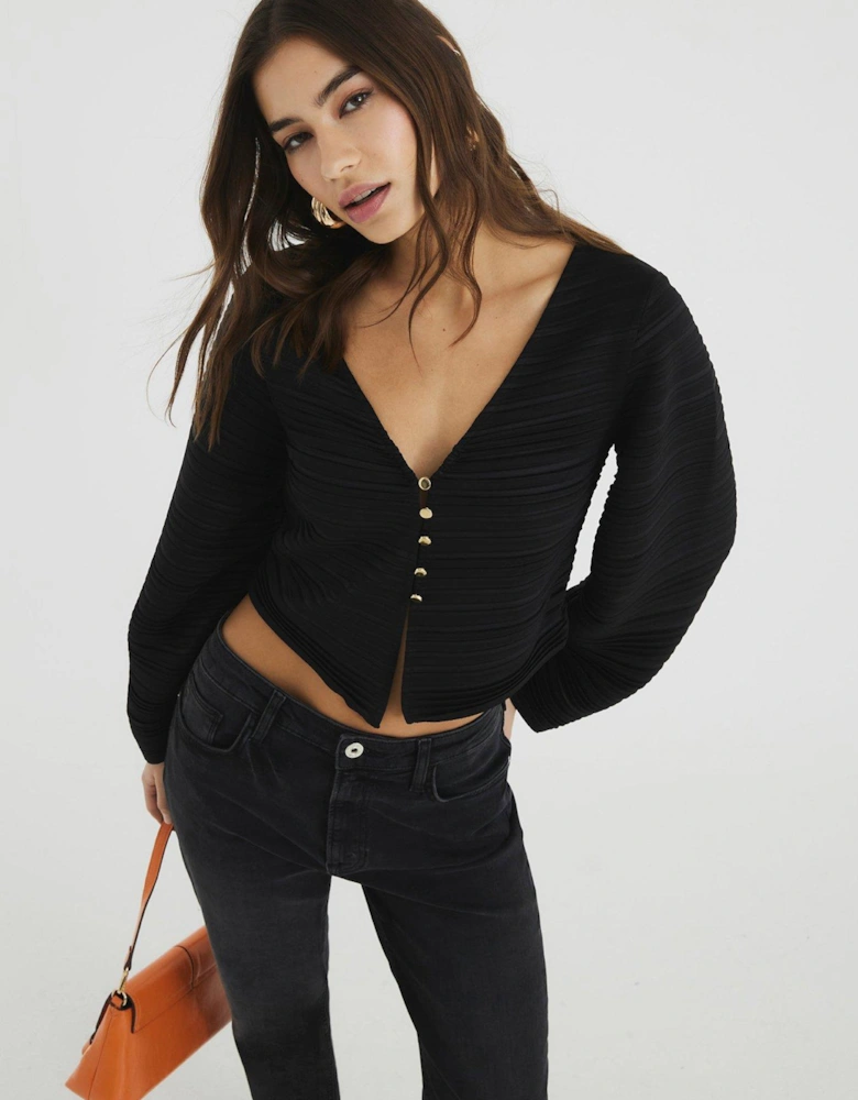 Banana Sleeve Plisse Top - Black