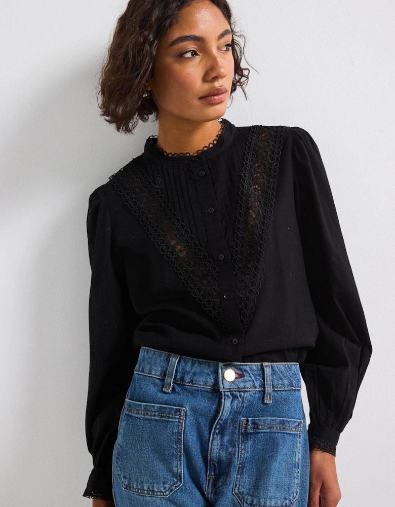 Long Sleeve Pin Tuck Lace Shirt - Black