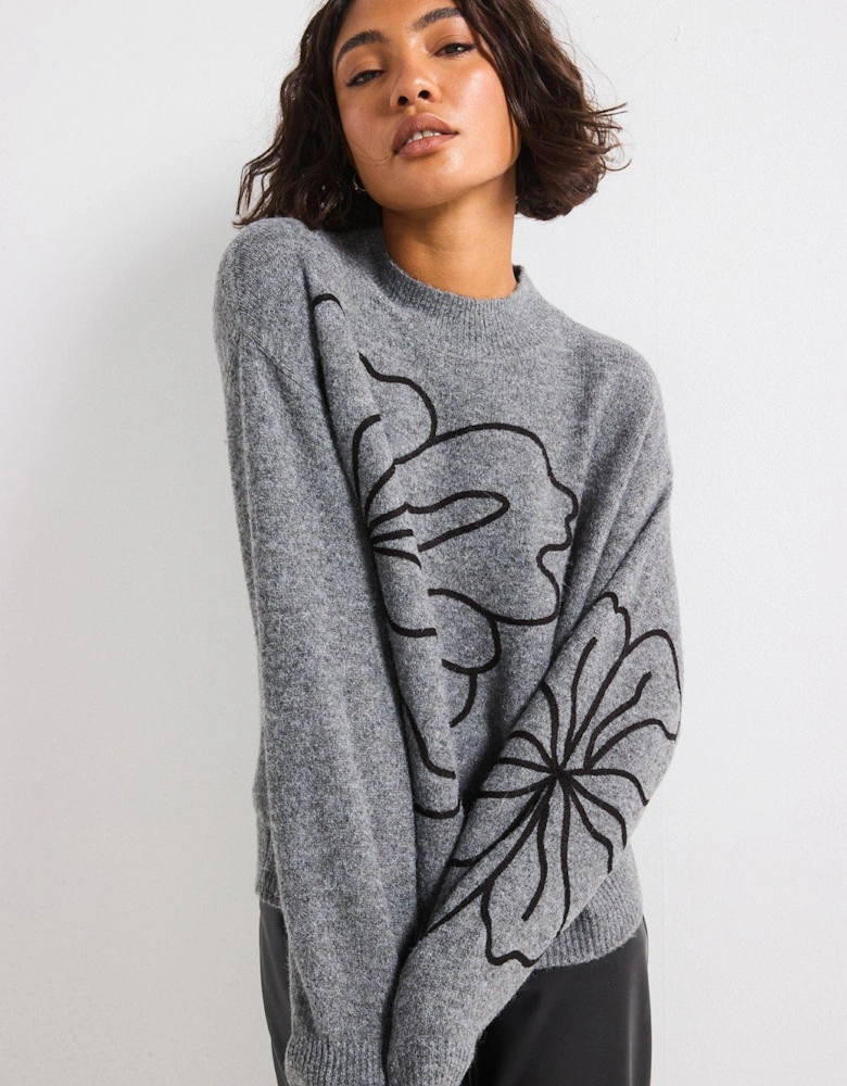 Long Sleeve Flower Knitted Jumper - Dark Grey