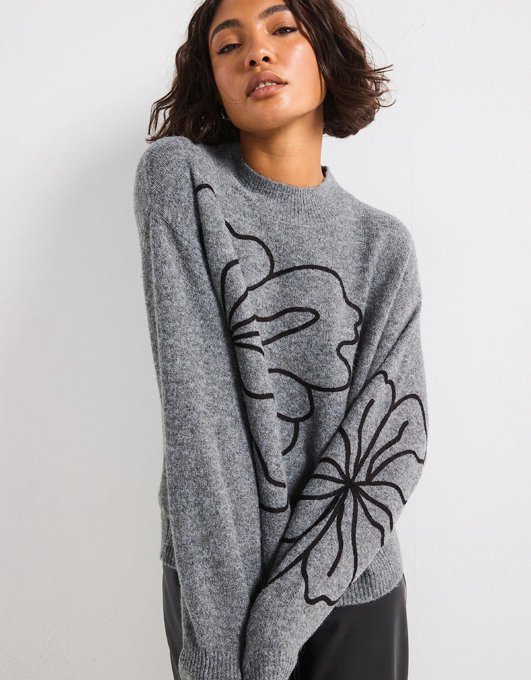 Long Sleeve Flower Knitted Jumper - Dark Grey, 2 of 1