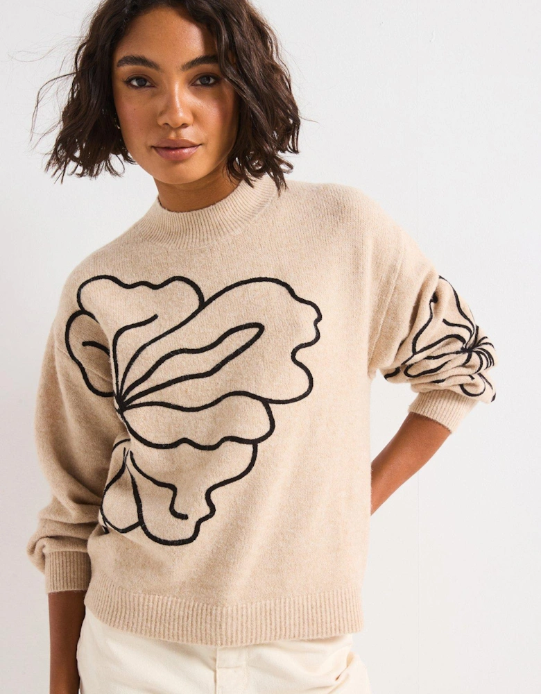 Long Sleeve Flower Knitted Jumper - Brown