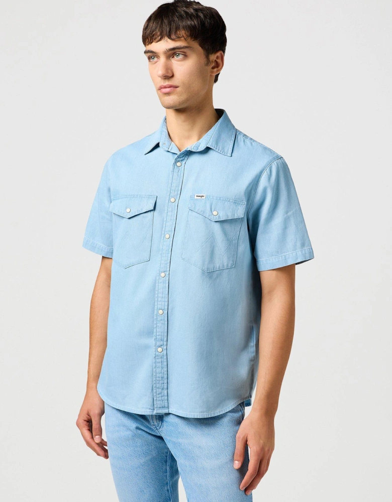 Short Sleeve Denim Western Shirt - Light Blue