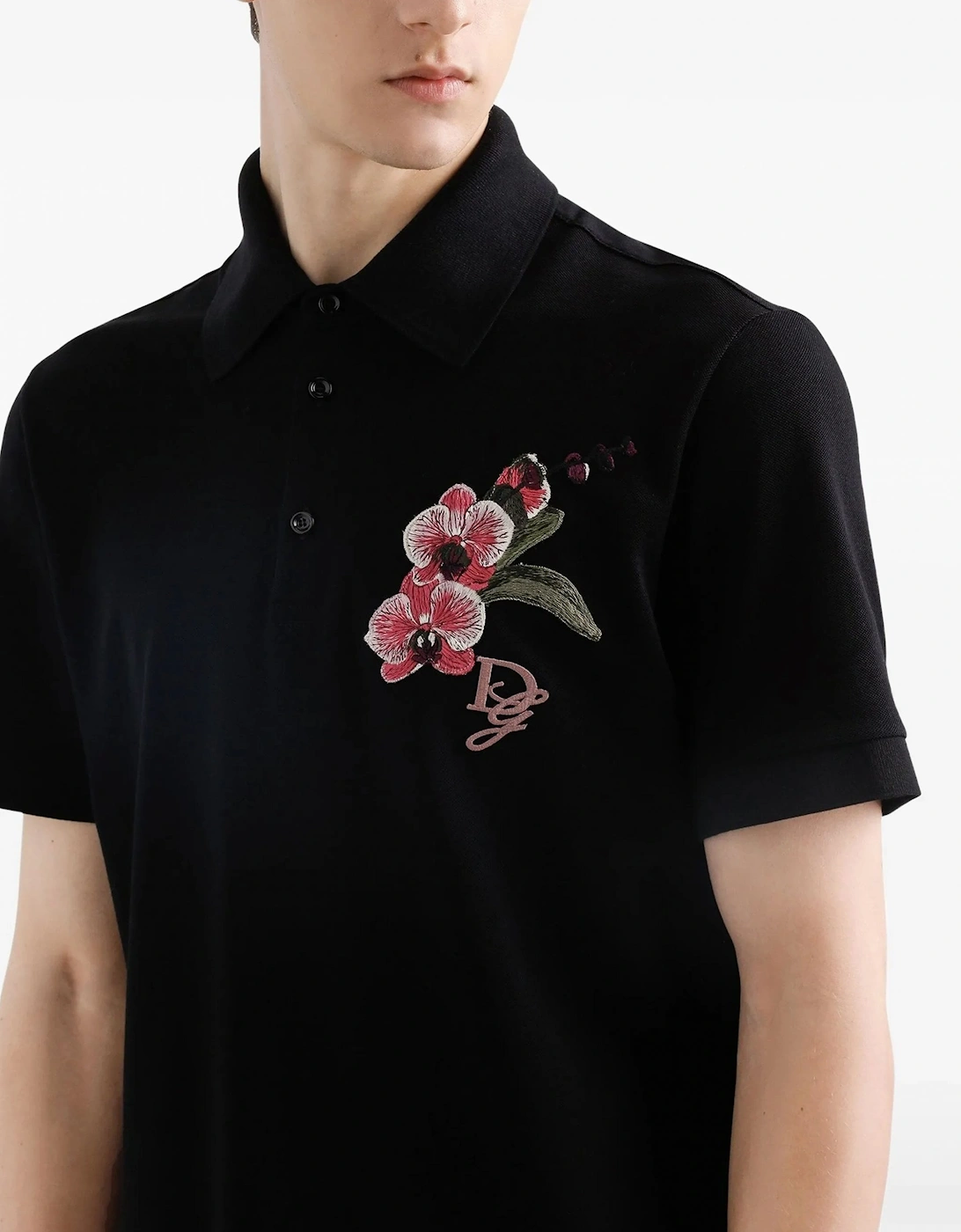 Floral Embroidered Polo Black