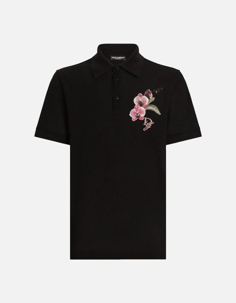 Floral Embroidered Polo Black