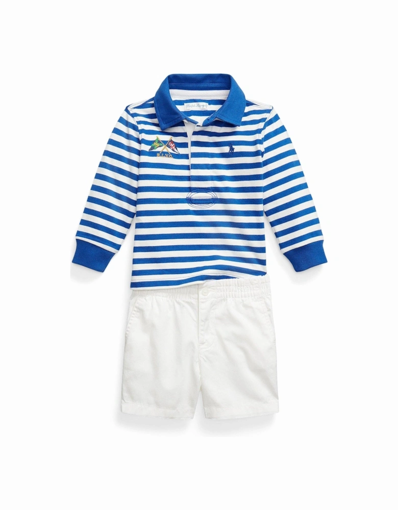 Baby Boys Stripe Rugby Top And Short Set - White/Blue