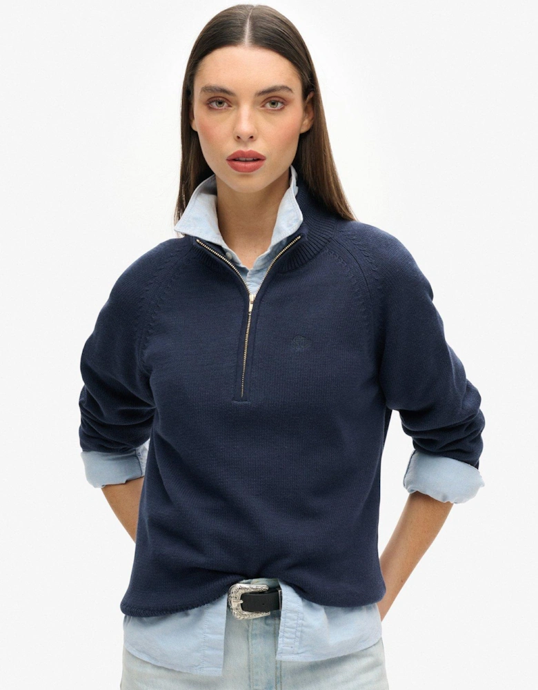 Classic Cotton Knit Half Zip Jumper - Navy