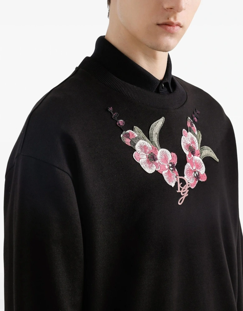 Floral Embroidery Sweatshirt Black