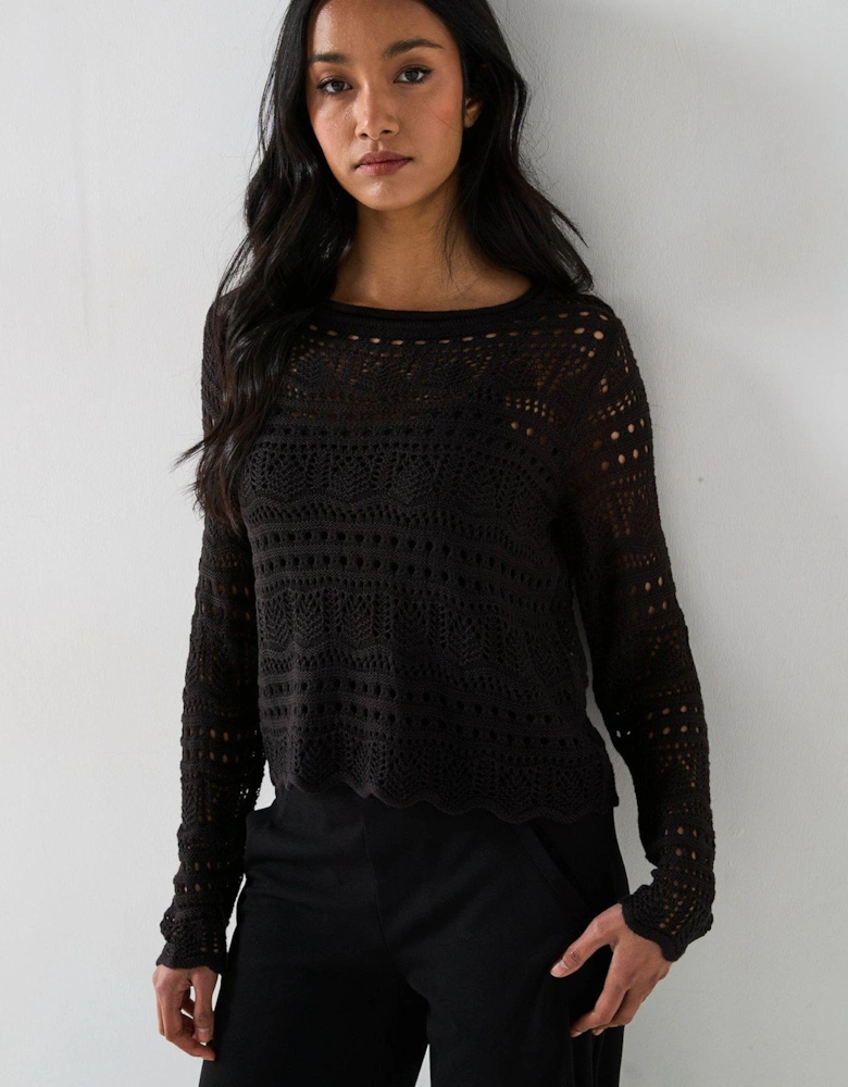 Long Sleeve Boatneck Knitted Pullover - Black