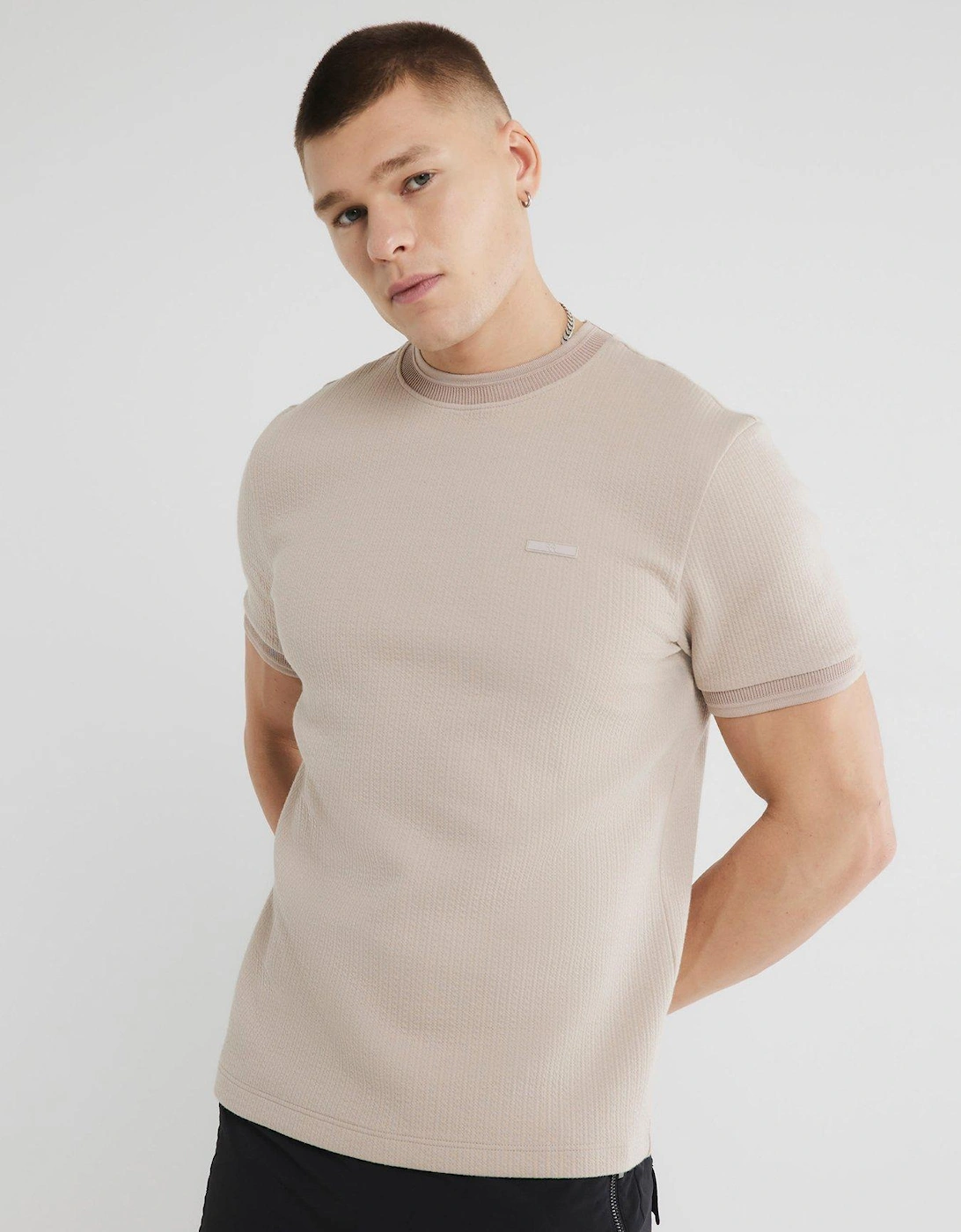 Short Sleeve Slim Fit Quilted Badge T-Shirt - Beige, 5 of 4