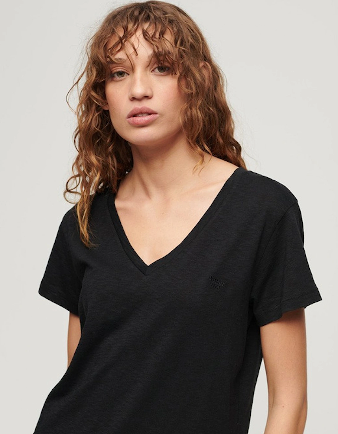 Women's Slub Embroidered V-Neck T-Shirt Black