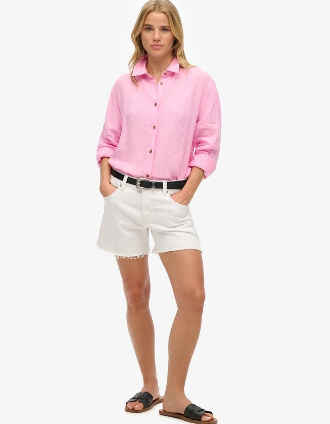 Women's Casual Linen Boyfriend Shirt Coastal Pink