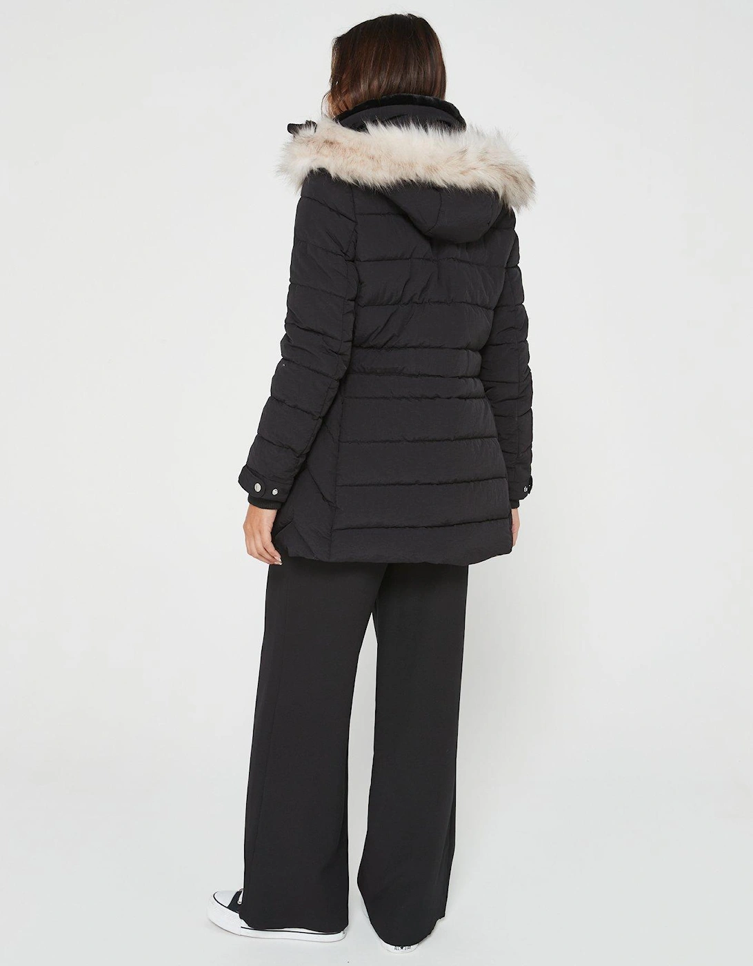 Padded Short Coat With Faux Fur Trim Hood - Black