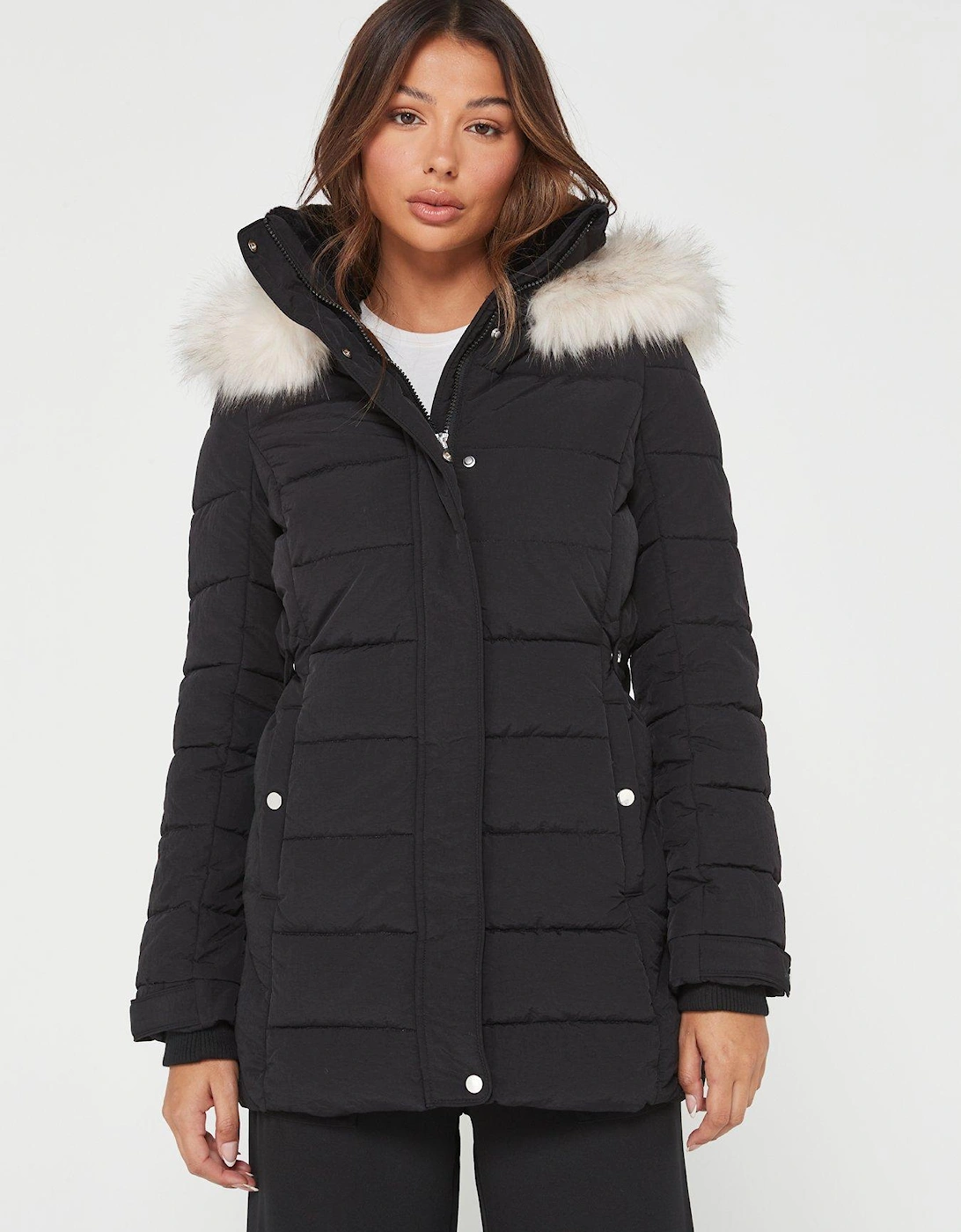 Padded Short Coat With Faux Fur Trim Hood - Black