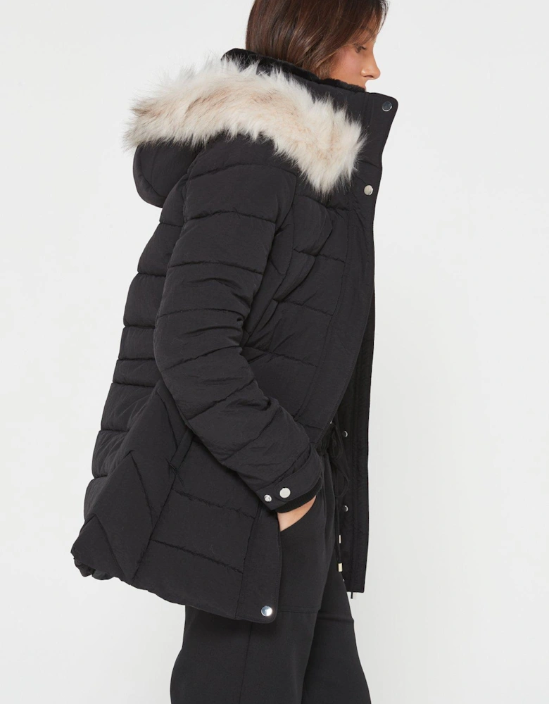 Padded Short Coat With Faux Fur Trim Hood - Black