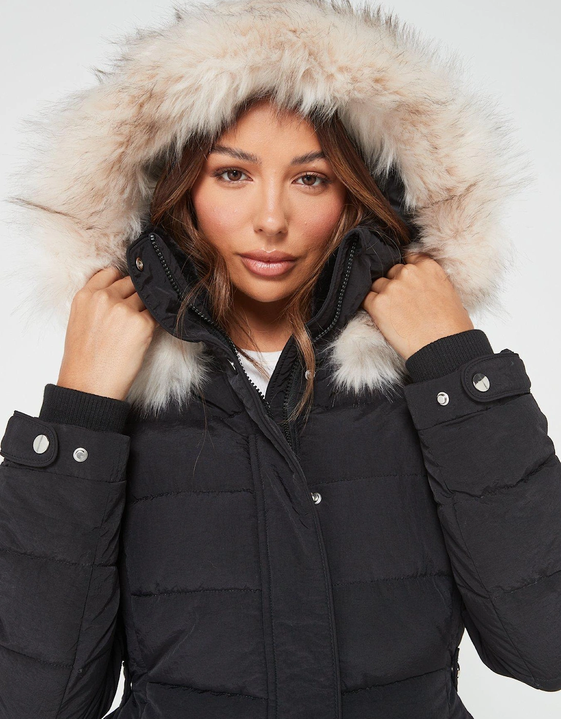 Padded Short Coat With Faux Fur Trim Hood - Black