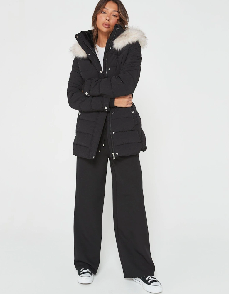 Padded Short Coat With Faux Fur Trim Hood - Black