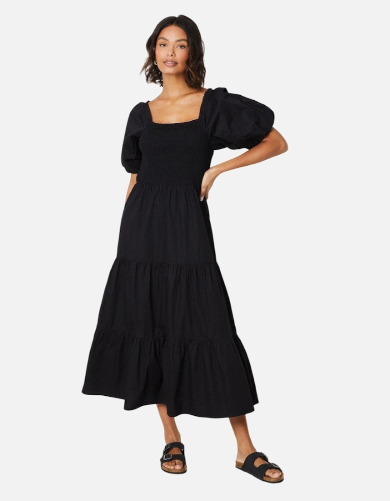 Womens/Ladies Shirred Puff Sleeve Midi Dress