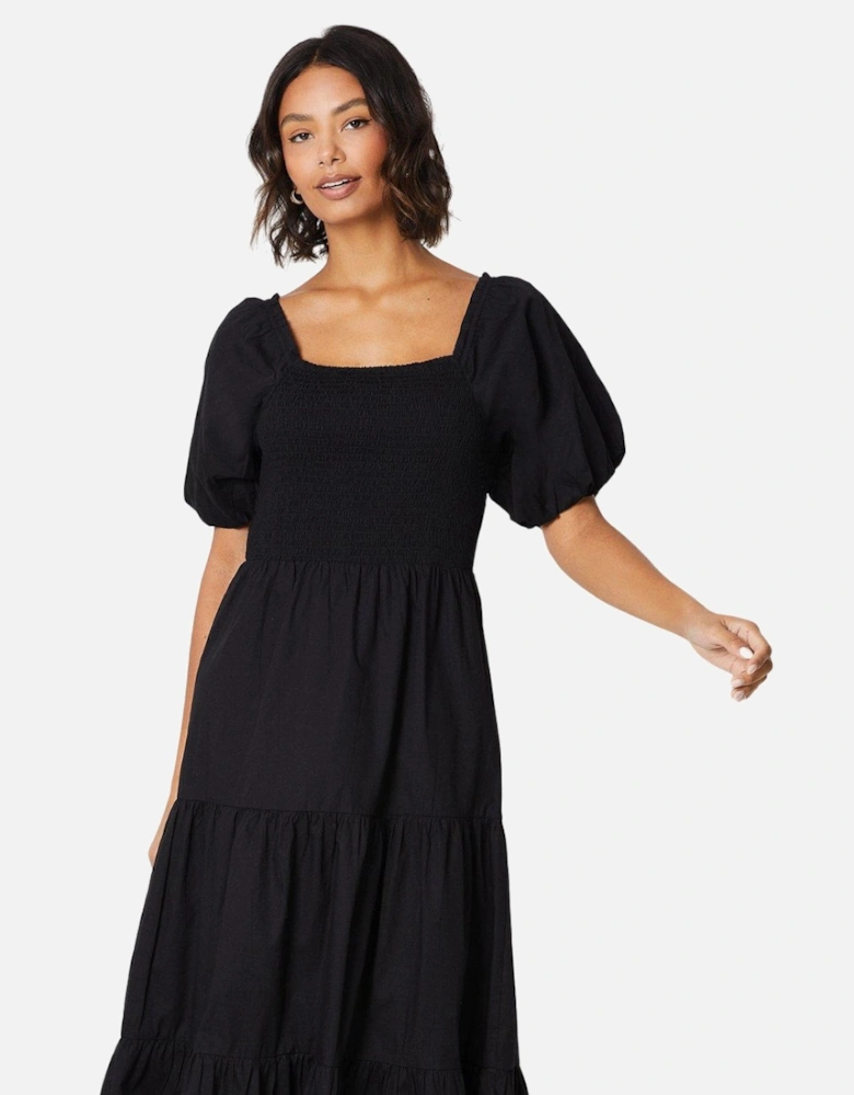 Womens/Ladies Shirred Puff Sleeve Midi Dress